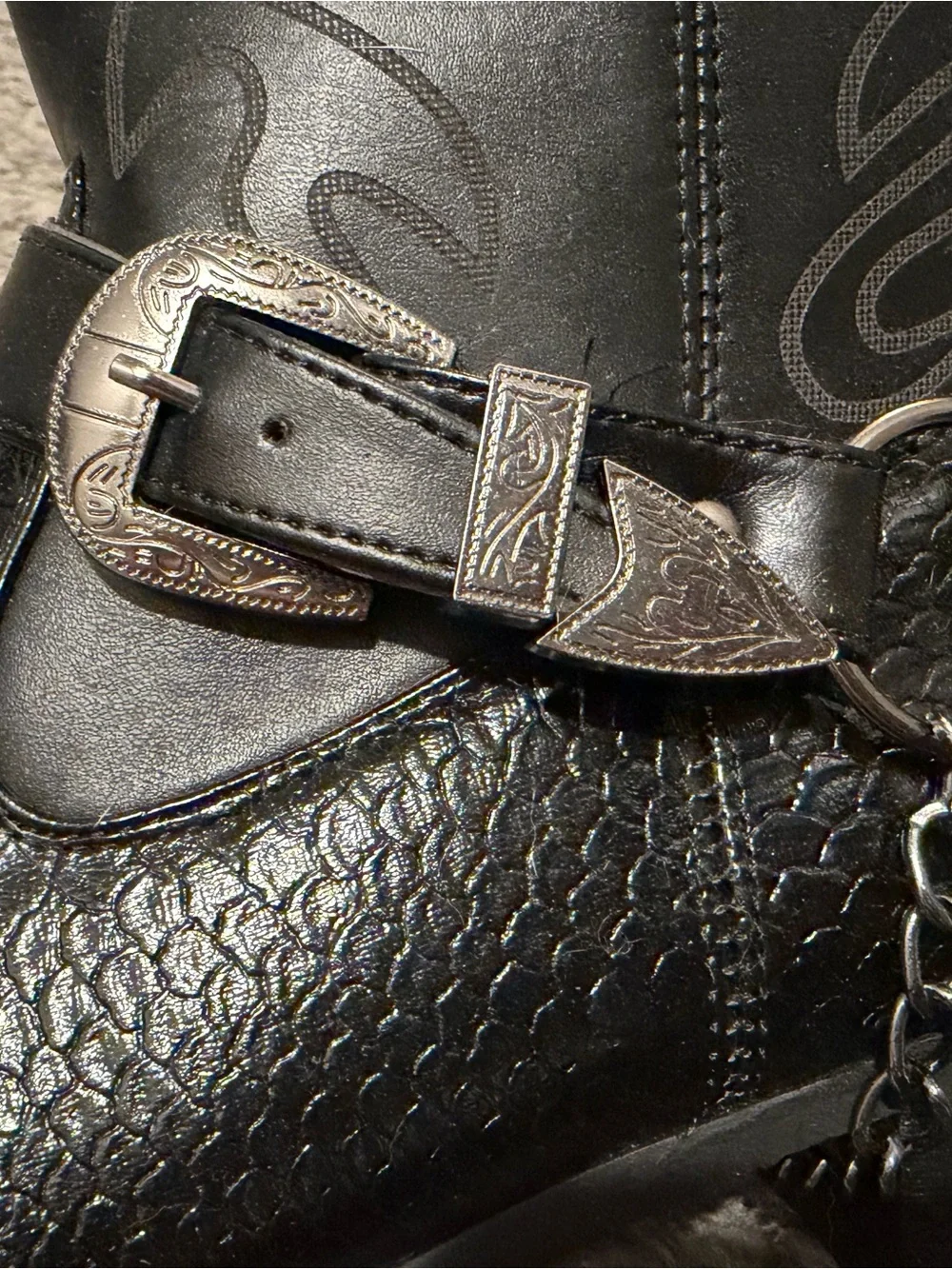 Men's Black Western Harness Ankle Boots with Textured Upper